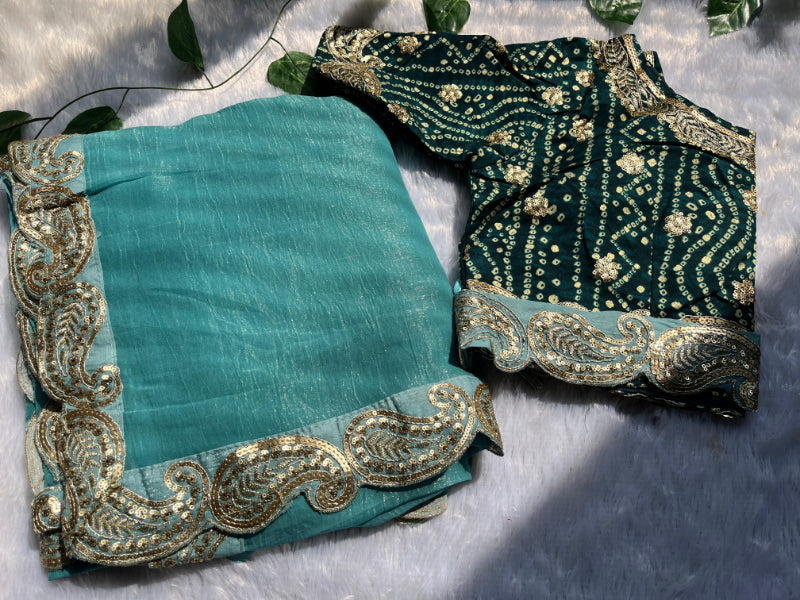Sky Blue Saree With Readymade Blouse