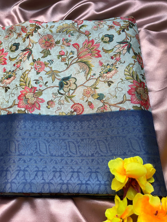 Blue Digital Floral Print Saree