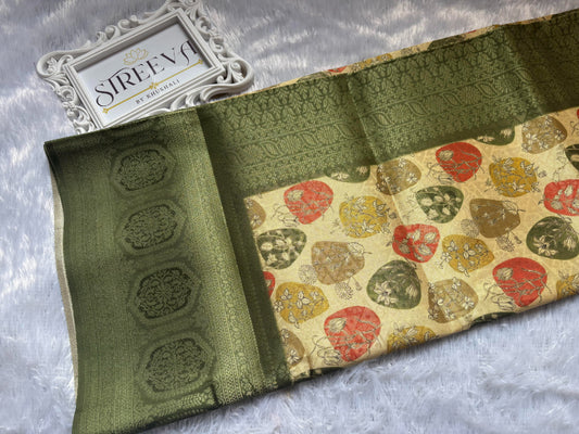 Olive green digital print soft silk saree