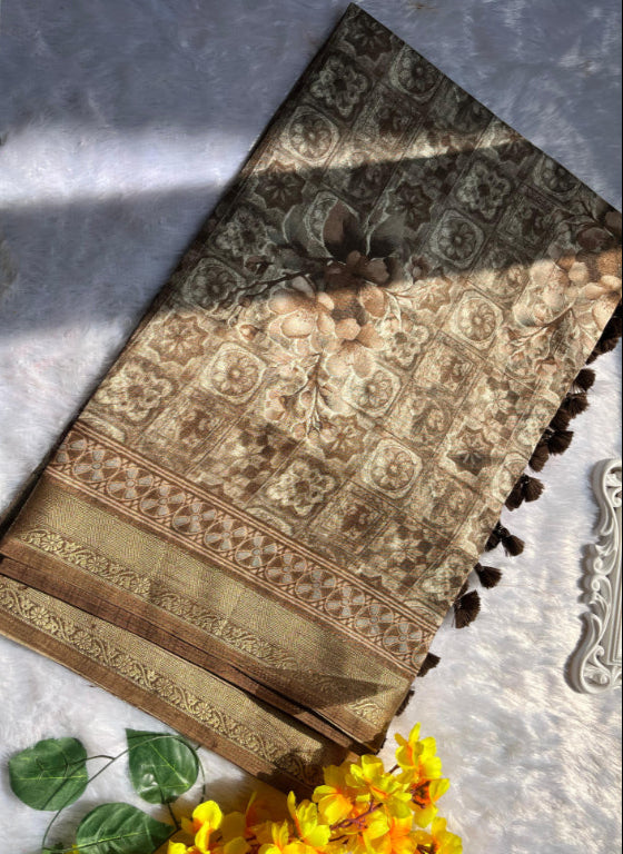 Coffee Brown Floral Print Saree