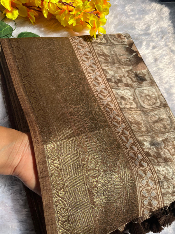 Coffee Brown Floral Print Saree
