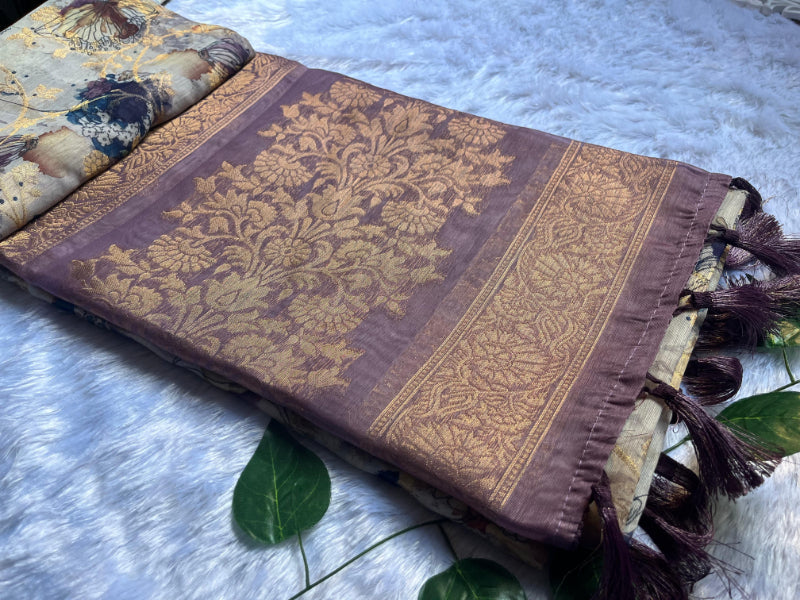 Purple & Beige Floral Saree