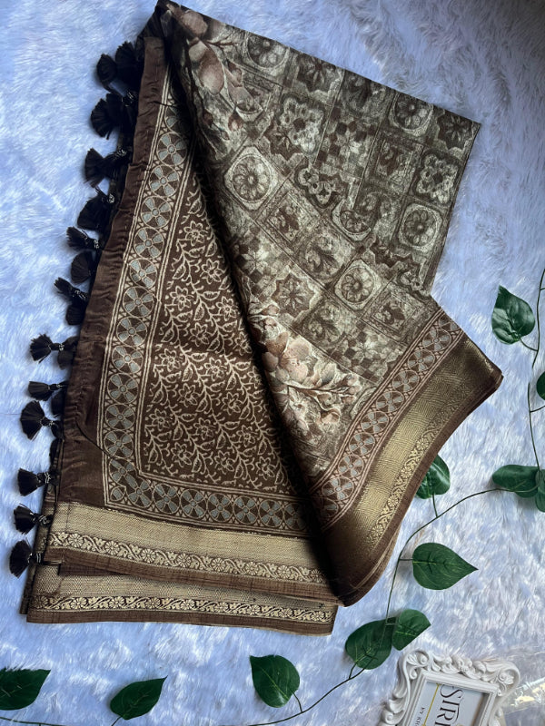 Coffee Brown Floral Print Saree