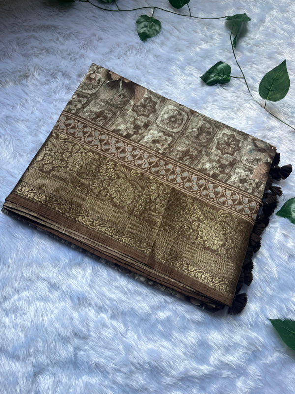 Coffee Brown Floral Print Saree