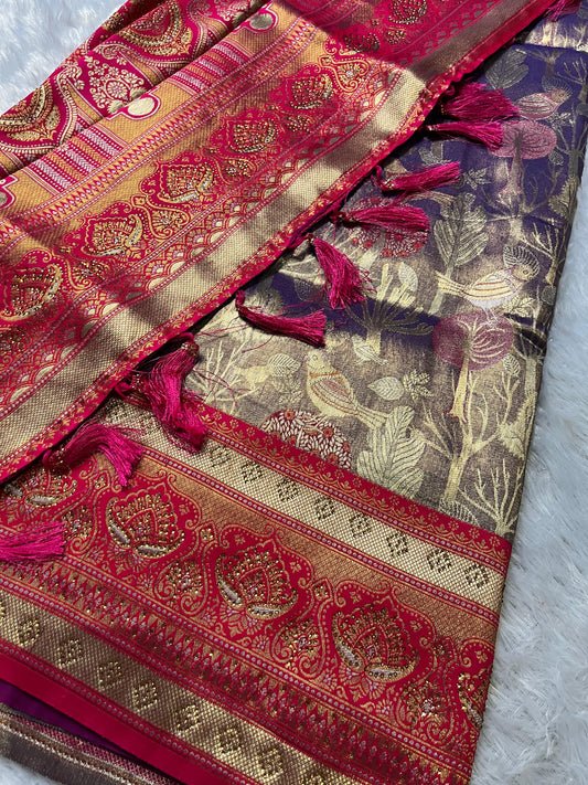 Purple & Pink Tissue Silk Saree