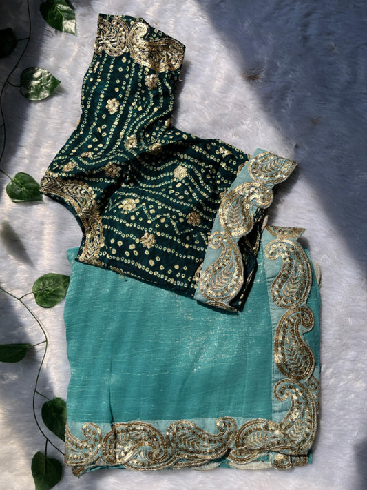 Sky Blue Saree With Readymade Blouse