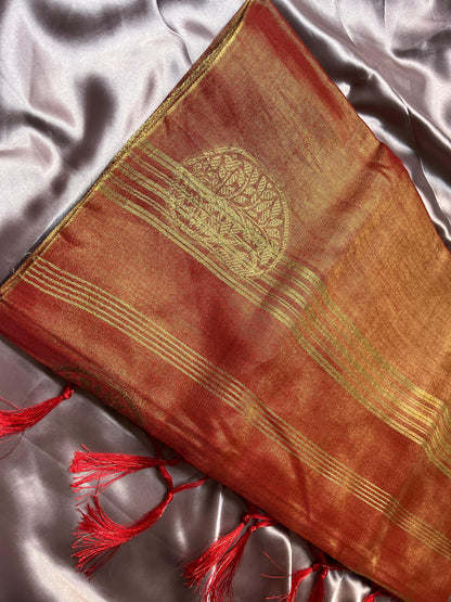 Orange Weaving Pallu Tissue Silk Saree