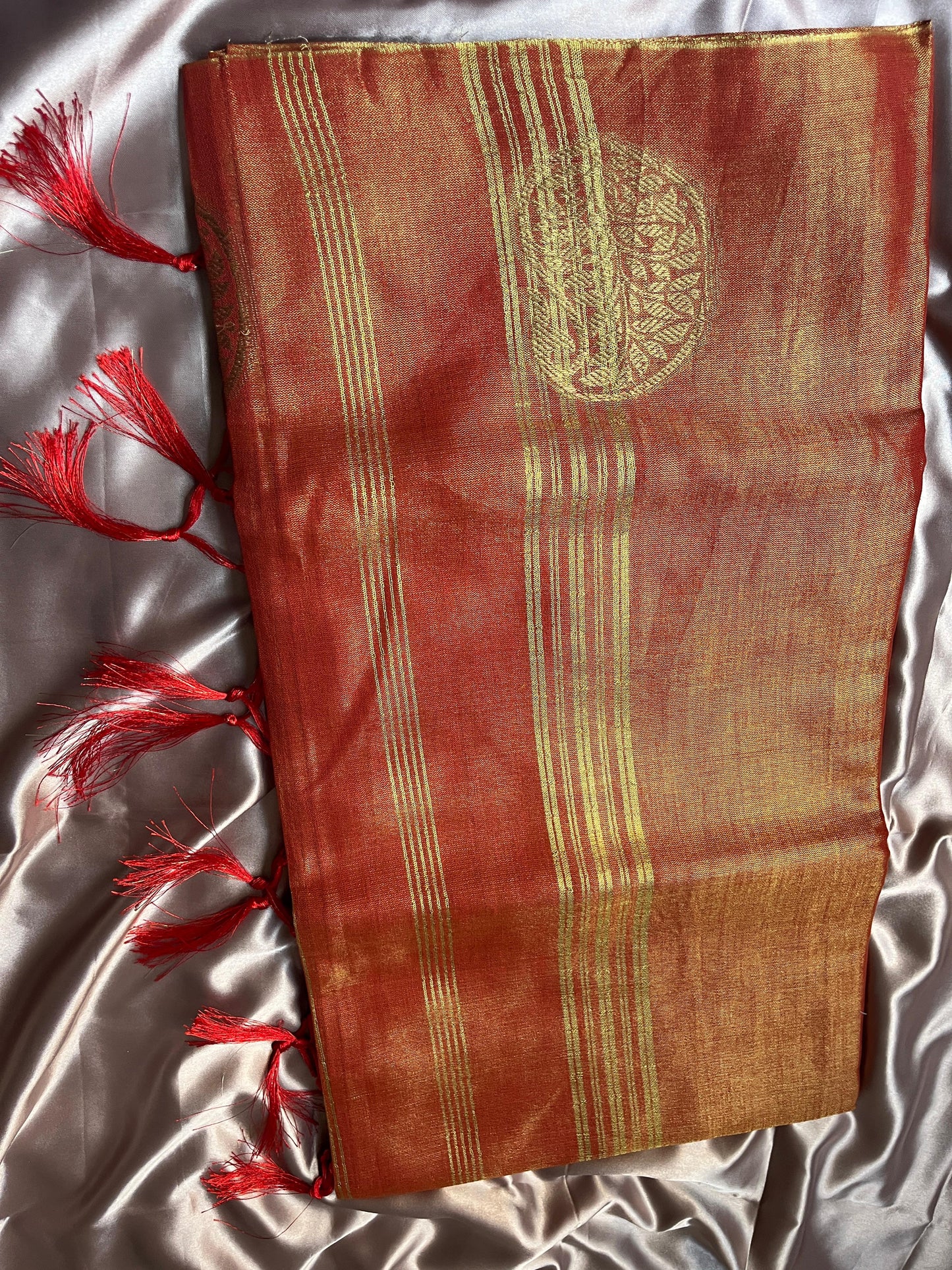 Orange Weaving Pallu Tissue Silk Saree