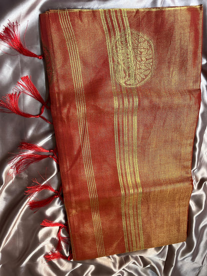 Orange Weaving Pallu Tissue Silk Saree