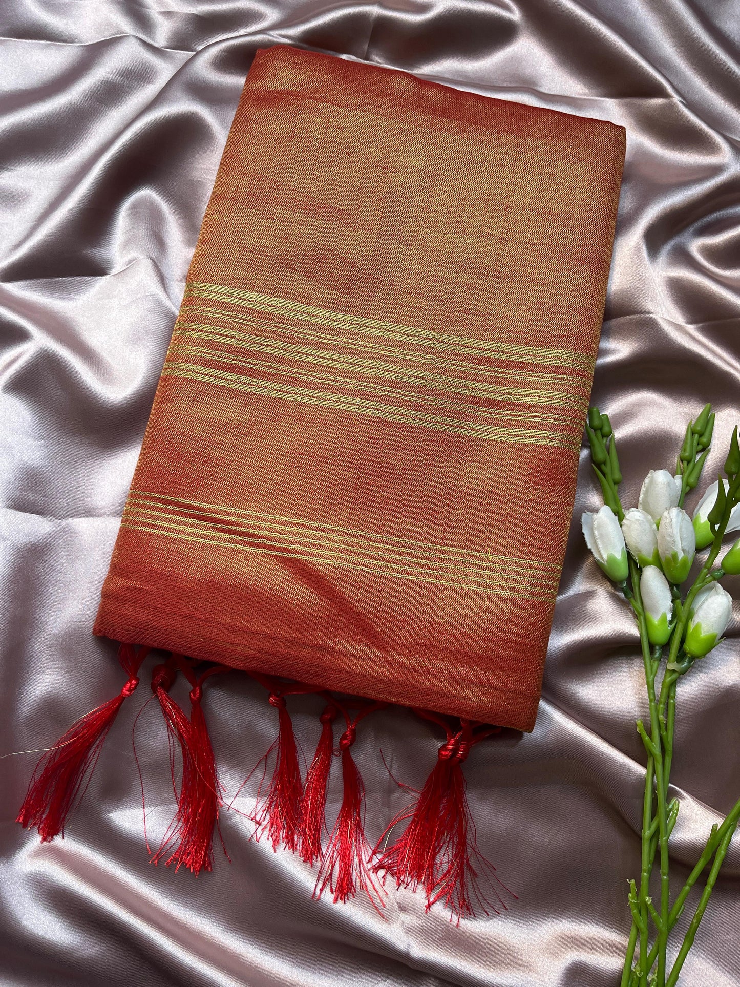 Orange Weaving Pallu Tissue Silk Saree