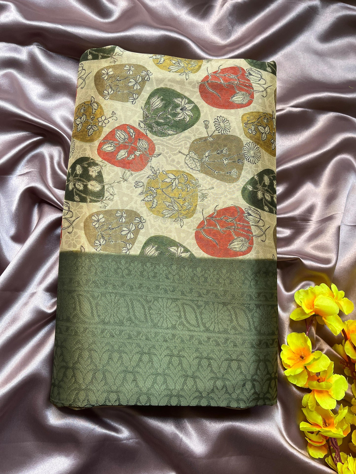 Olive green digital print soft silk saree