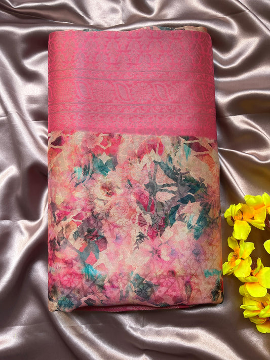 Pink Floral Digital Print Saree