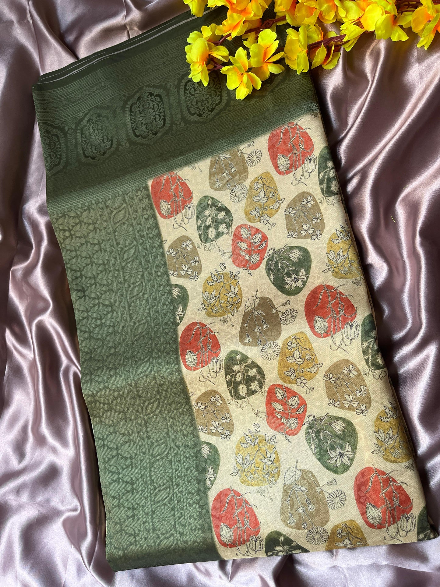 Olive green digital print soft silk saree
