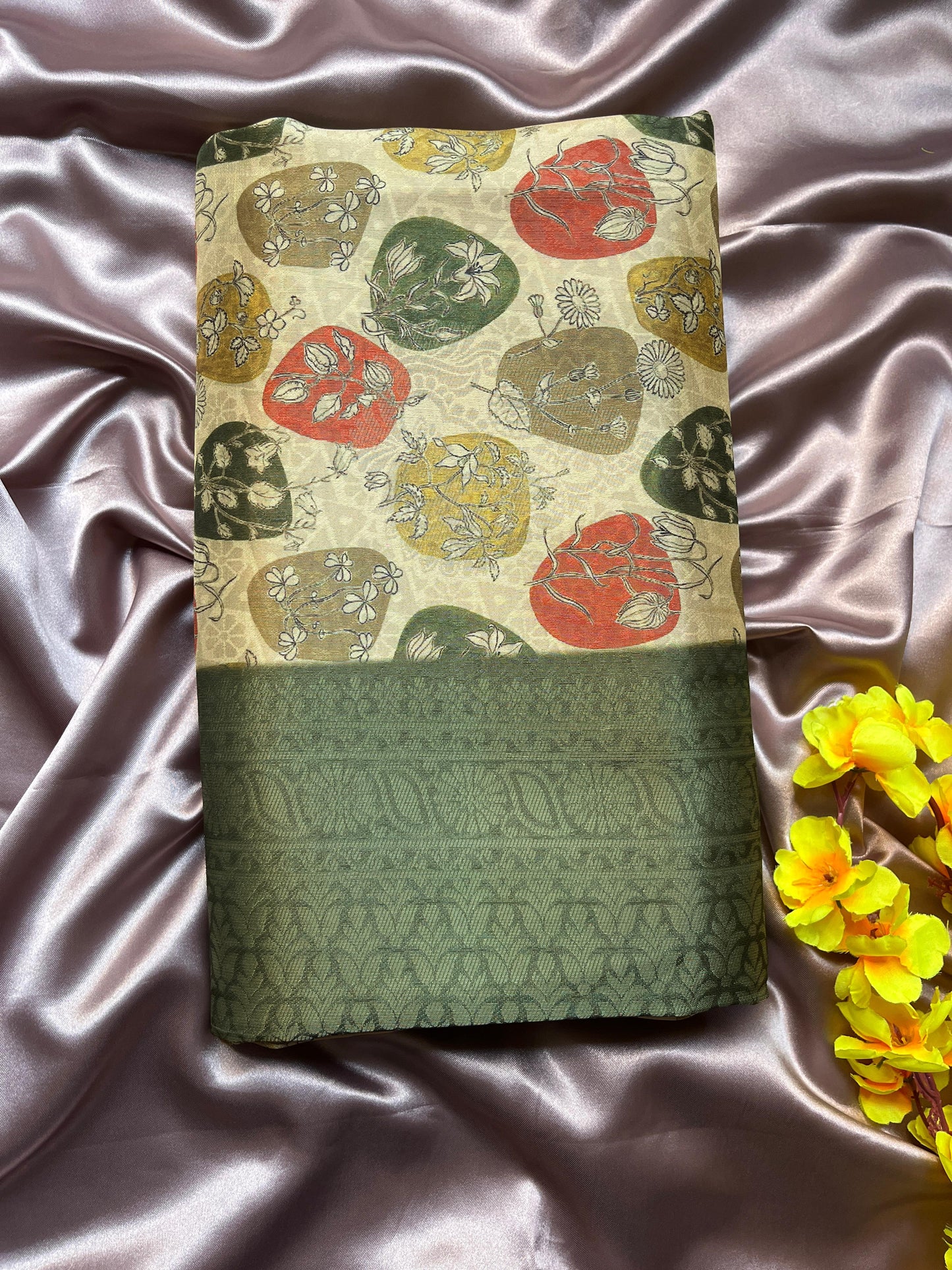 Olive green digital print soft silk saree