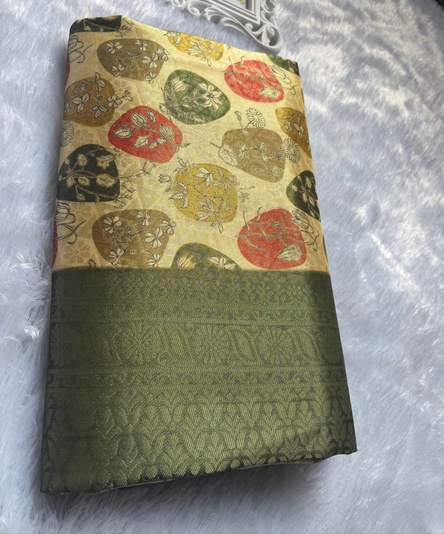 Olive green digital print soft silk saree