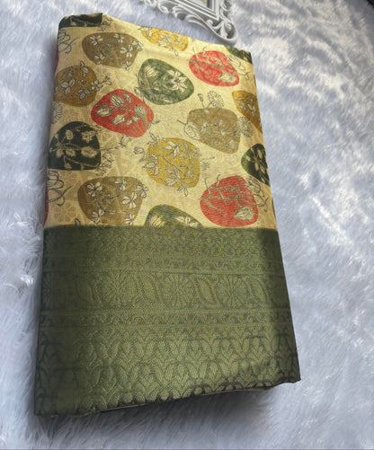Olive green digital print soft silk saree