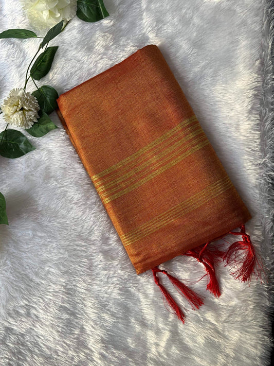Orange Weaving Pallu Tissue Silk Saree